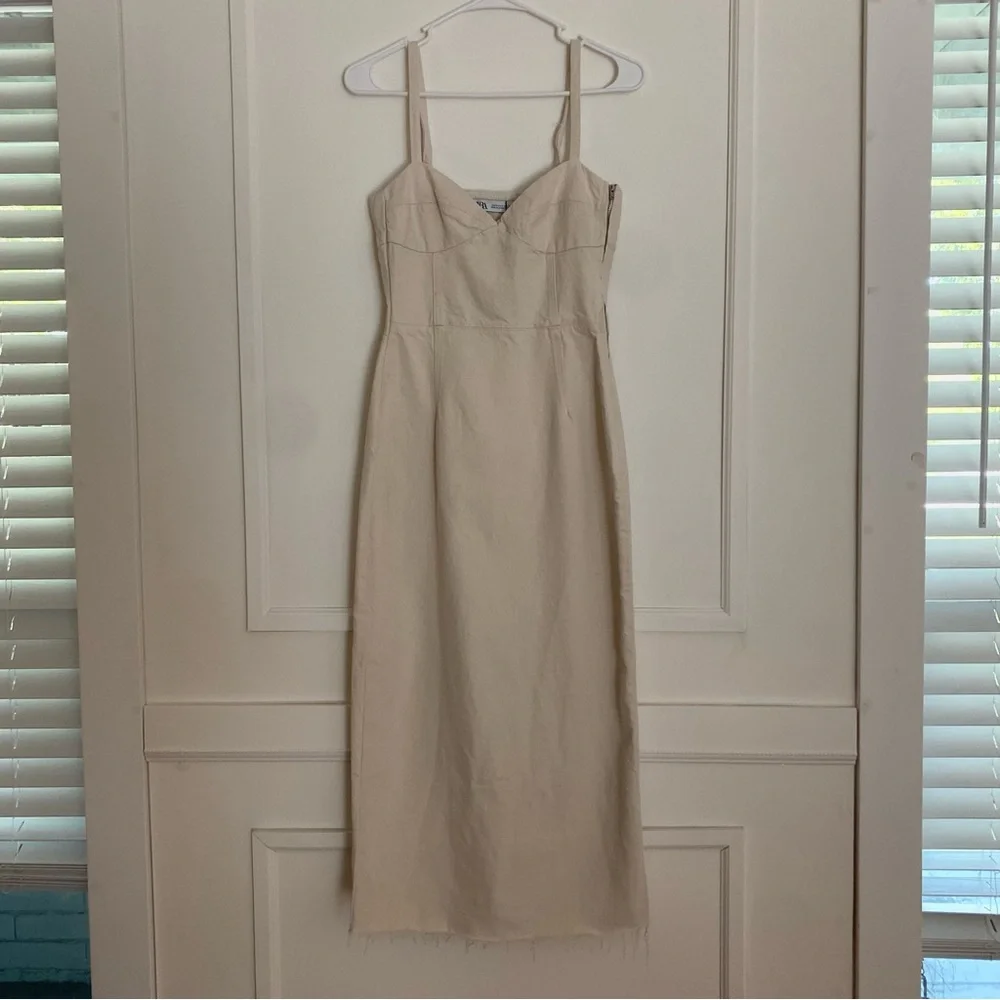 NWT Beige/Cream Zara Denim Midi Dress - Picture 1 of 11